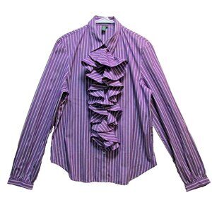 Luren Ralph Lauren Women’s L Lilac Cotton Shirt With Ruffles Striped Long Sleeve